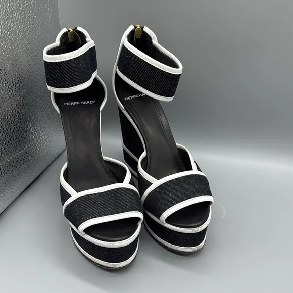 PIERRE HARDY Leather-trimmed Denim Wedge Sandals - Picture 4 of 14